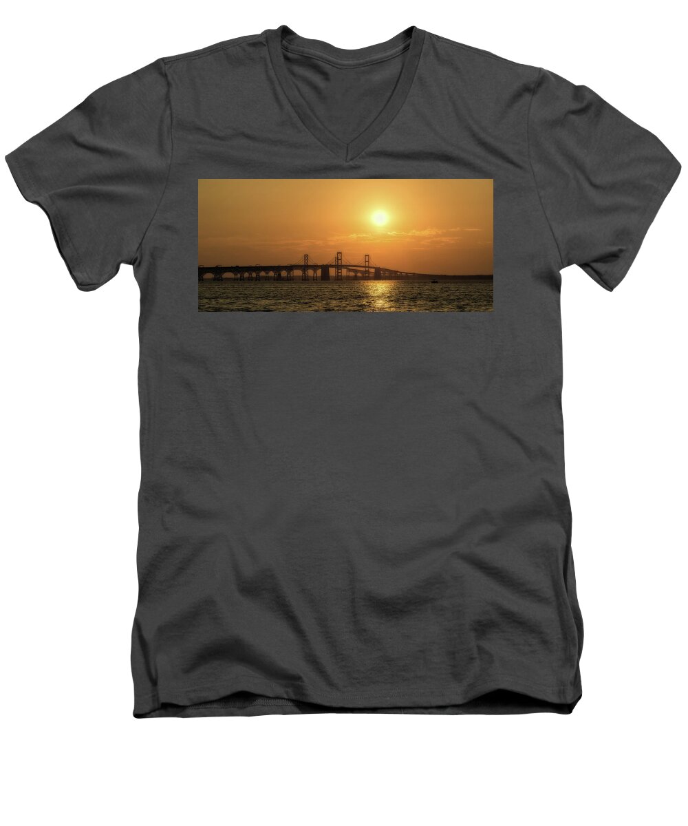 Sunset Men's V-Neck T-Shirt featuring the photograph Chesapeake Bay Bridge Sunset I by Richard Macquade
