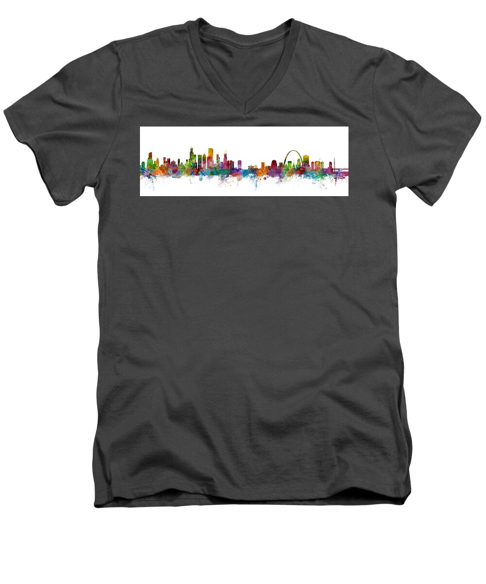 St Louis Men's V-Neck T-Shirt featuring the digital art Chicago and St Louis Skyline Mashup by Michael Tompsett