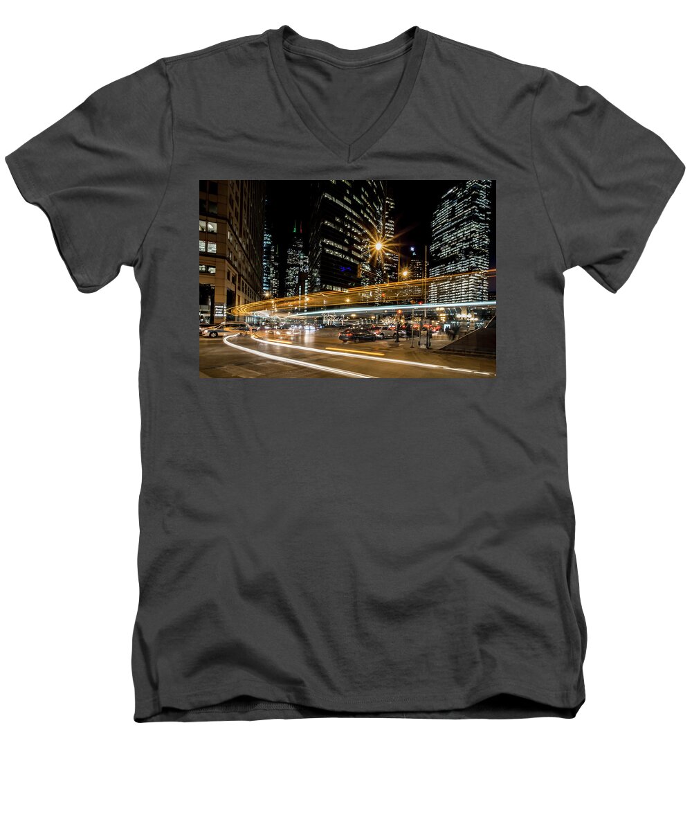 Chicago Men's V-Neck T-Shirt featuring the photograph Chicago Nighttime time exposure by Sven Brogren