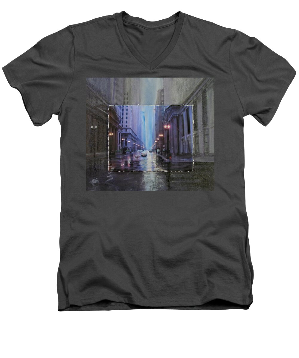 City Men's V-Neck T-Shirt featuring the mixed media Chicago Rainy Street expanded by Anita Burgermeister