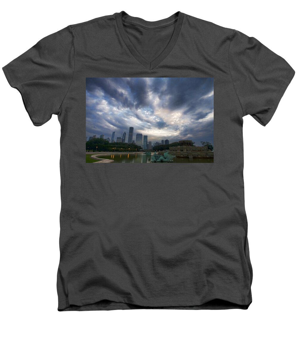Chicago Men's V-Neck T-Shirt featuring the photograph Chicago's Buckingham Fountain when it's turned off by Sven Brogren