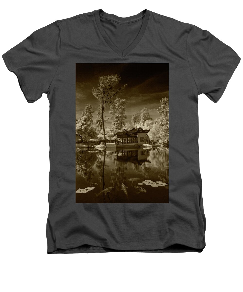 Garden Men's V-Neck T-Shirt featuring the photograph Chinese Botanical Garden in California with Koi Fish in Sepia Tone by Randall Nyhof