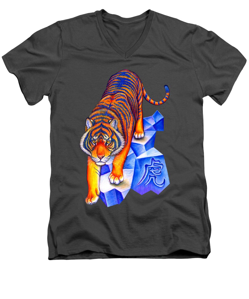 Tiger Men's V-Neck T-Shirt featuring the drawing Chinese Zodiac - Year of the Tiger by Rebecca Wang