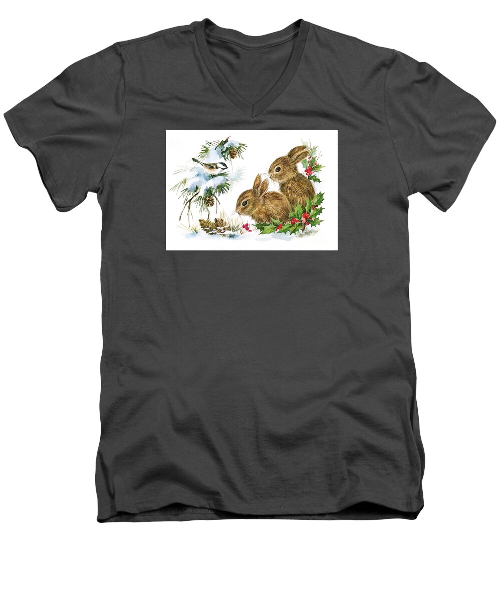 Christmas Men's V-Neck T-Shirt featuring the painting Christmas Bunny Rabbits and Birds Holley by Vintage Collectables