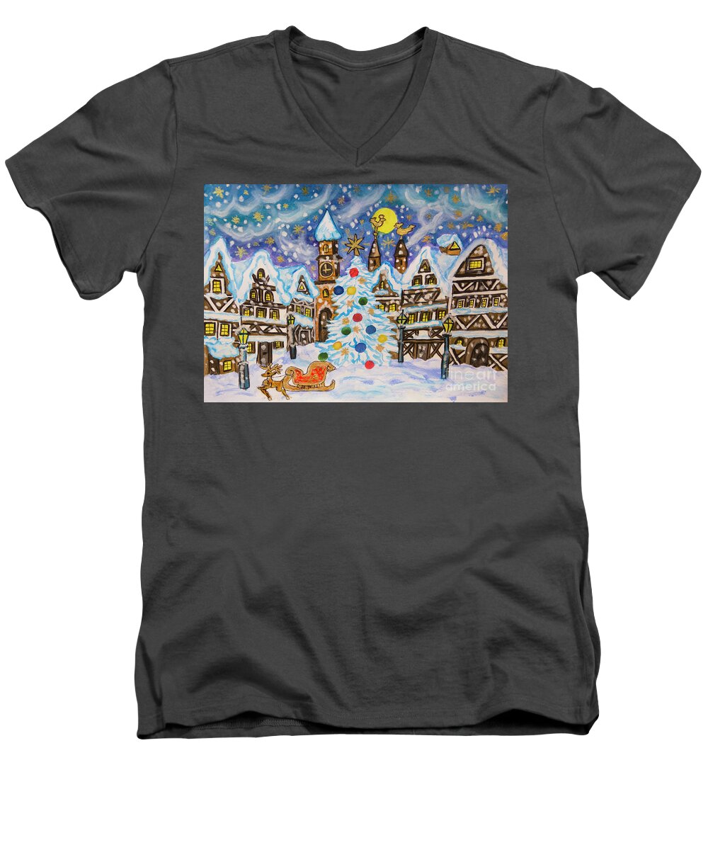 Christmas Men's V-Neck T-Shirt featuring the painting Christmas in Europe by Irina Afonskaya