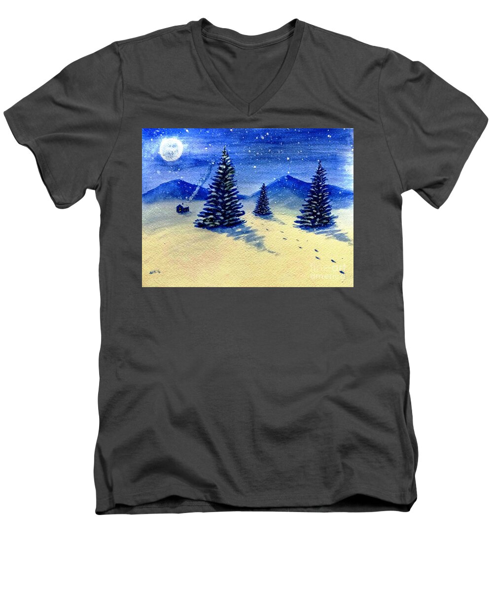 Christmas Men's V-Neck T-Shirt featuring the painting Christmas Snow by Stacy C Bottoms