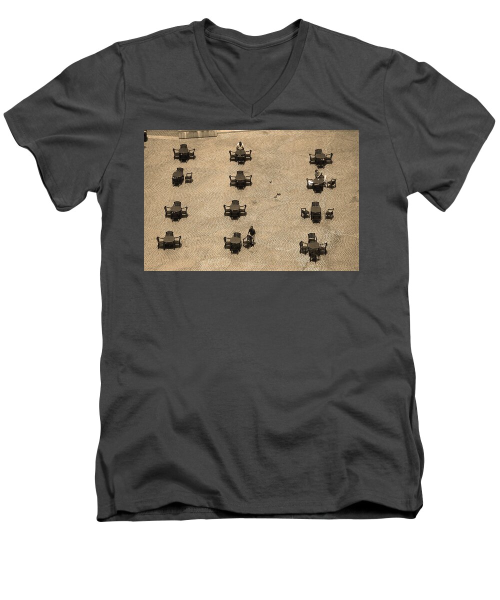 Architecture Men's V-Neck T-Shirt featuring the photograph Cincinnati - Fountain Square Sepia by Frank Romeo
