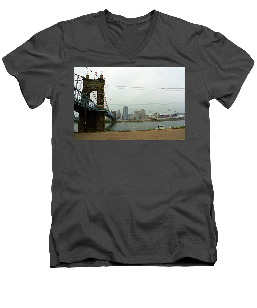 American Men's V-Neck T-Shirt featuring the photograph Cincinnati - Roebling Bridge 7 by Frank Romeo