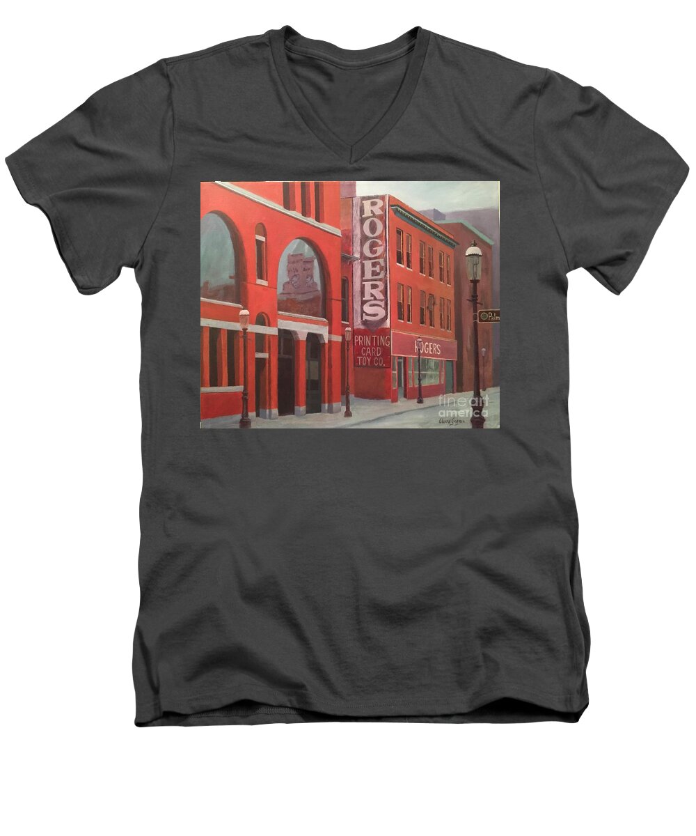 Cityscape Men's V-Neck T-Shirt featuring the painting City Hall Reflection by Claire Gagnon
