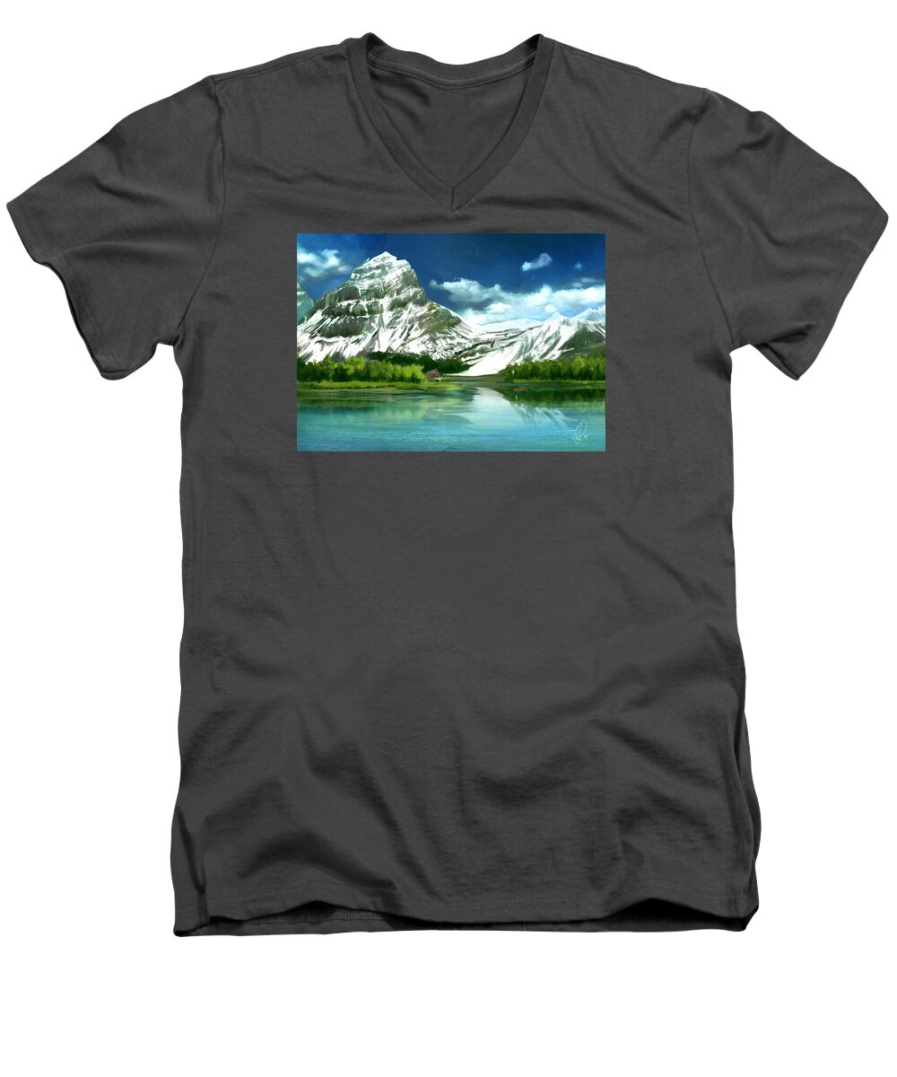 Mountain Men's V-Neck T-Shirt featuring the digital art Clear lake and mountains by Thubakabra