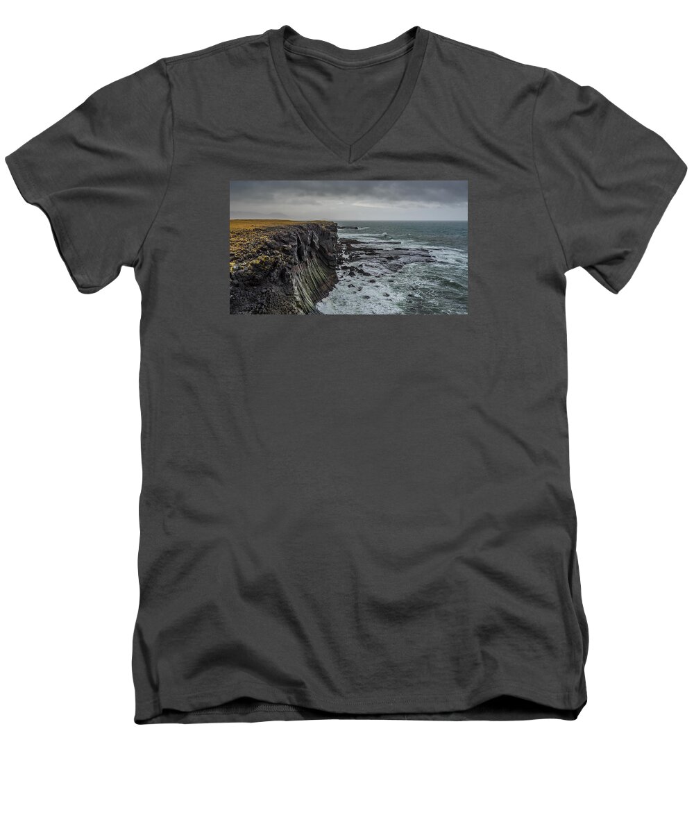 Atlantic Men's V-Neck T-Shirt featuring the photograph Cliffs at Arnarstapi by James Billings