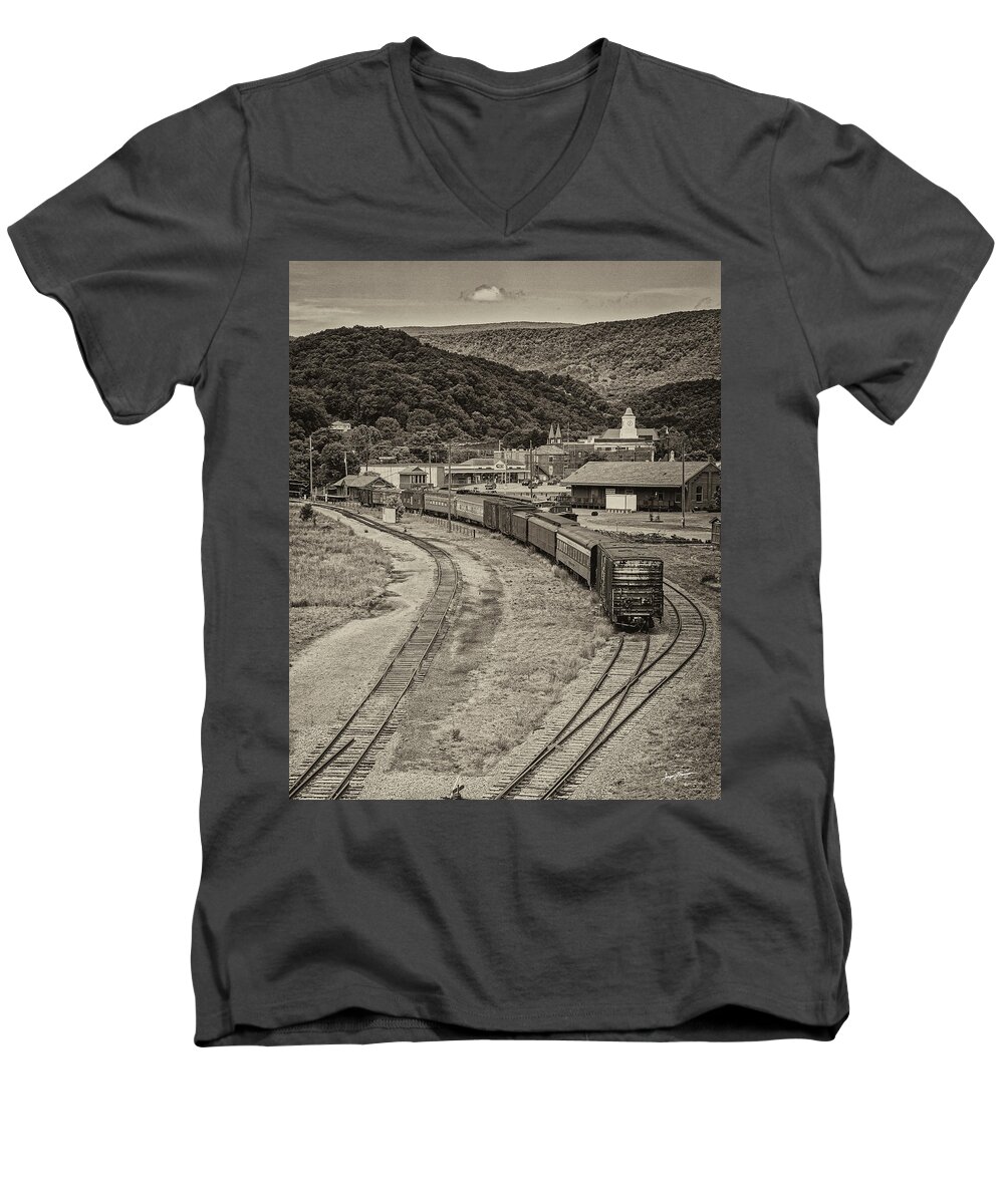 Chesepeake & Ohio Railroad Depot Men's V-Neck T-Shirt featuring the photograph Clifton Forge Railroad Yard by Jurgen Lorenzen