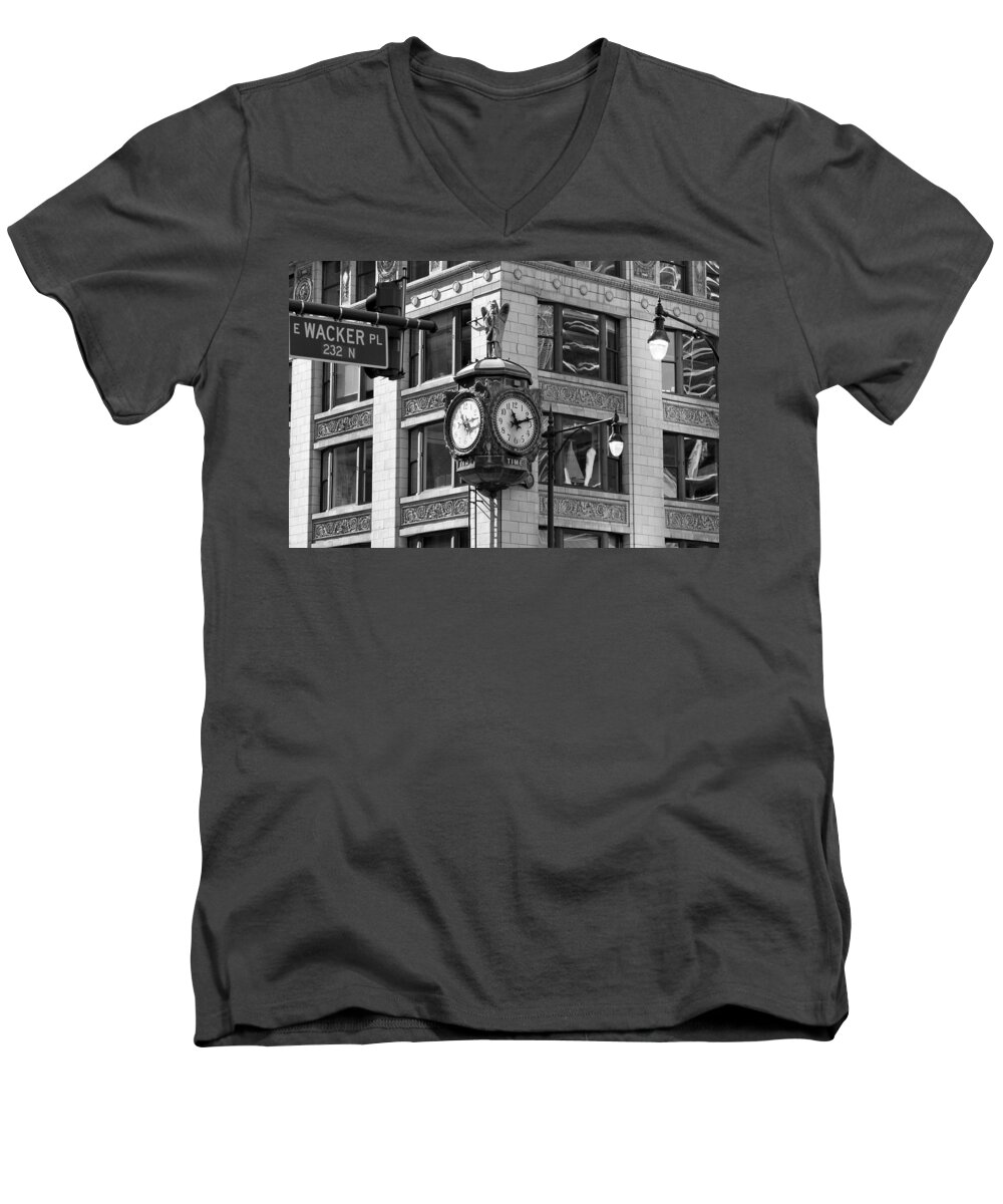 Clock Men's V-Neck T-Shirt featuring the photograph Clock on Jewelers Building - Chicago by Jackson Pearson