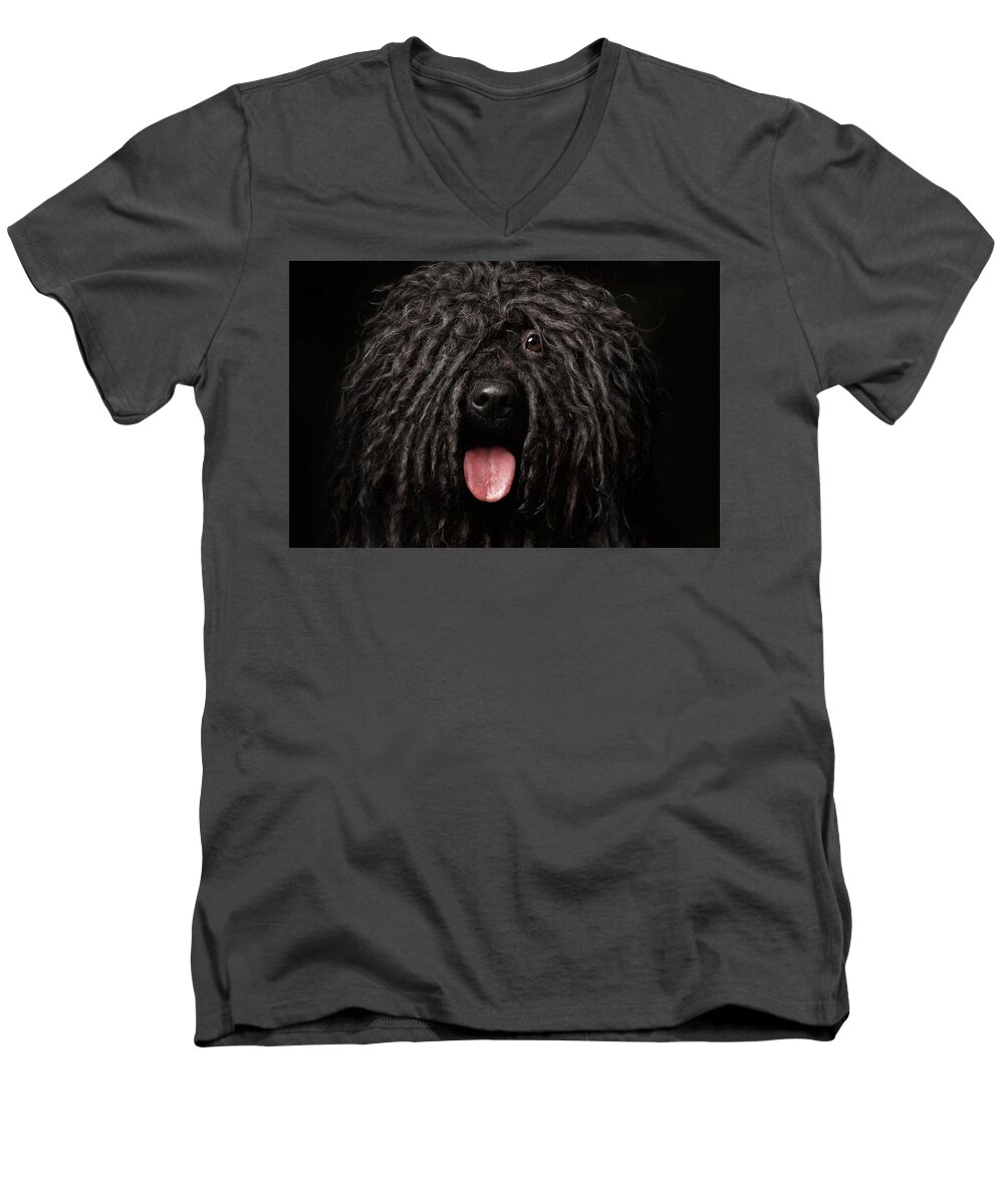 #faatoppicks Men's V-Neck T-Shirt featuring the photograph Close up Portrait of Puli Dog isolated on Black by Sergey Taran