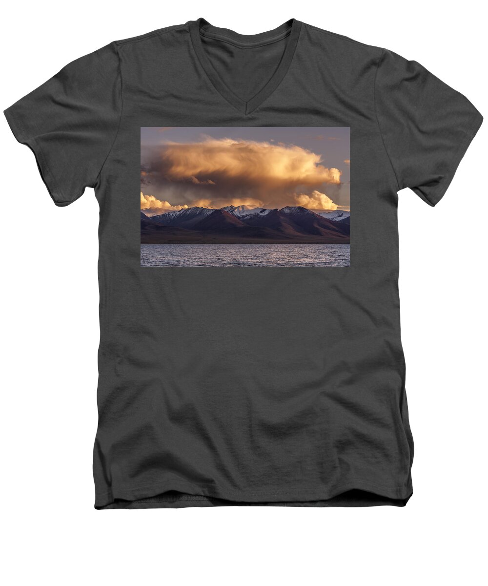 Cloud Men's V-Neck T-Shirt featuring the photograph Cloud over Namtso by Hitendra SINKAR