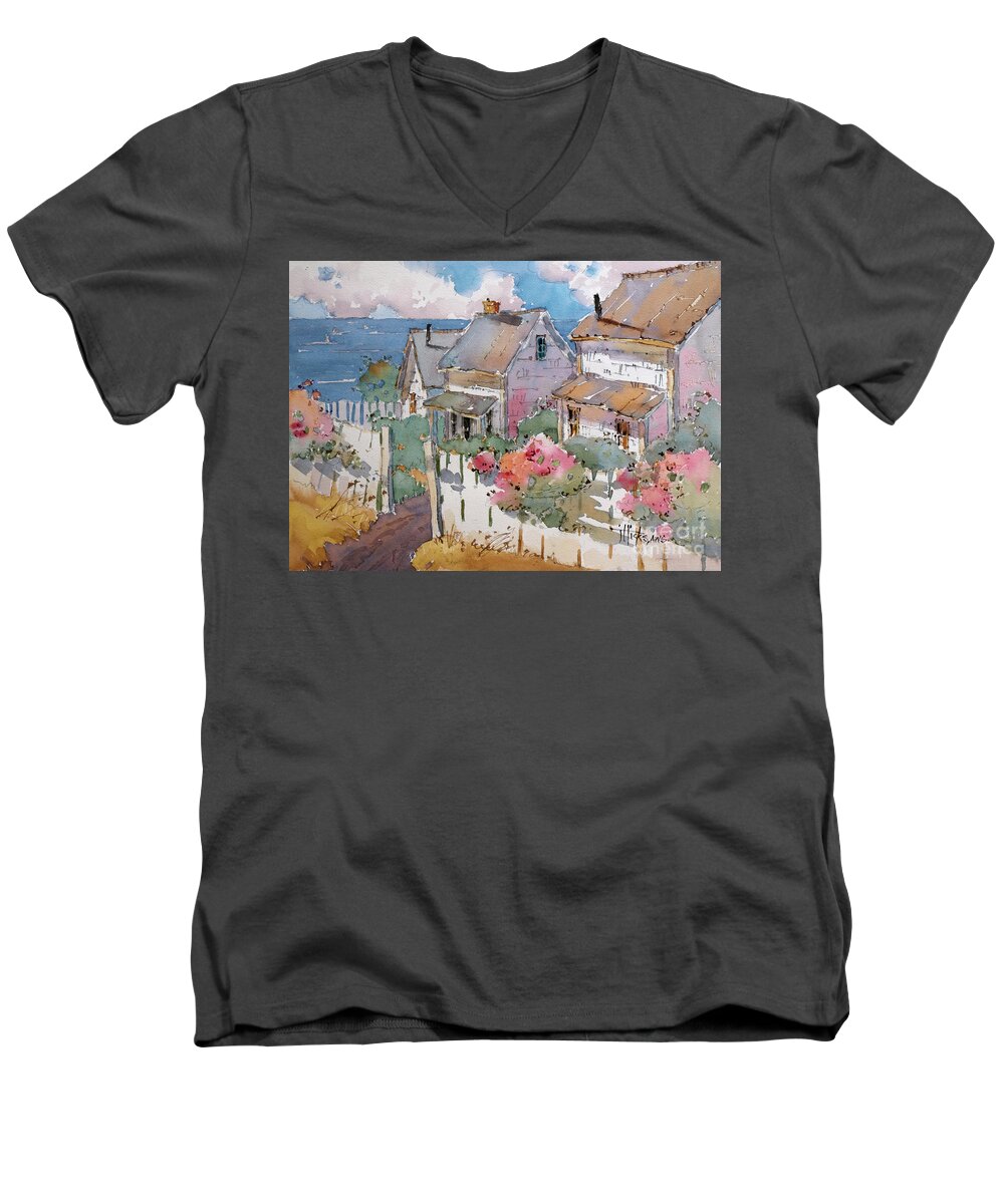 Coastal Men's V-Neck T-Shirt featuring the painting Coastal Cottages by Joyce Hicks