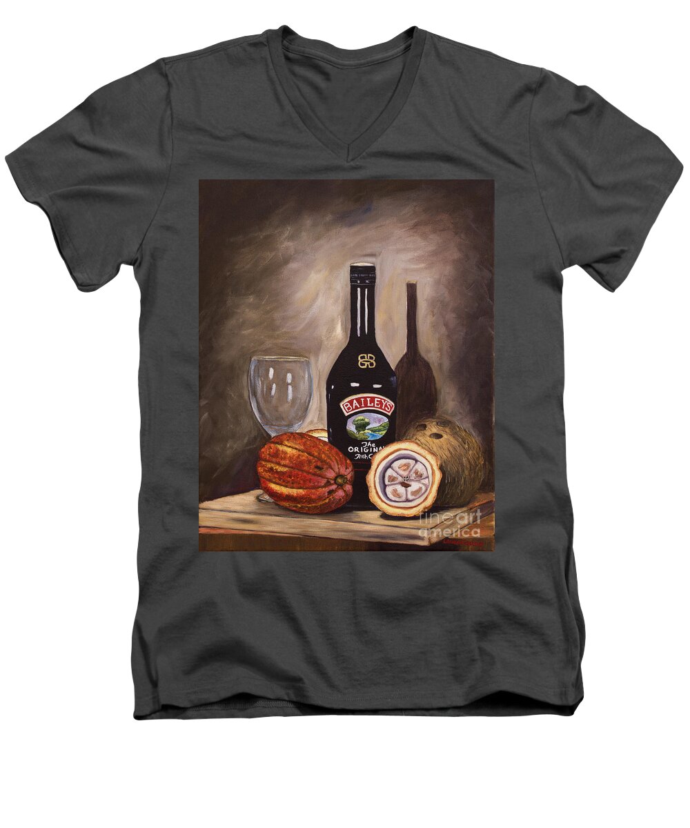 Still Life Men's V-Neck T-Shirt featuring the painting Cocoa Pods Coconut and Irish Cream by Laura Forde