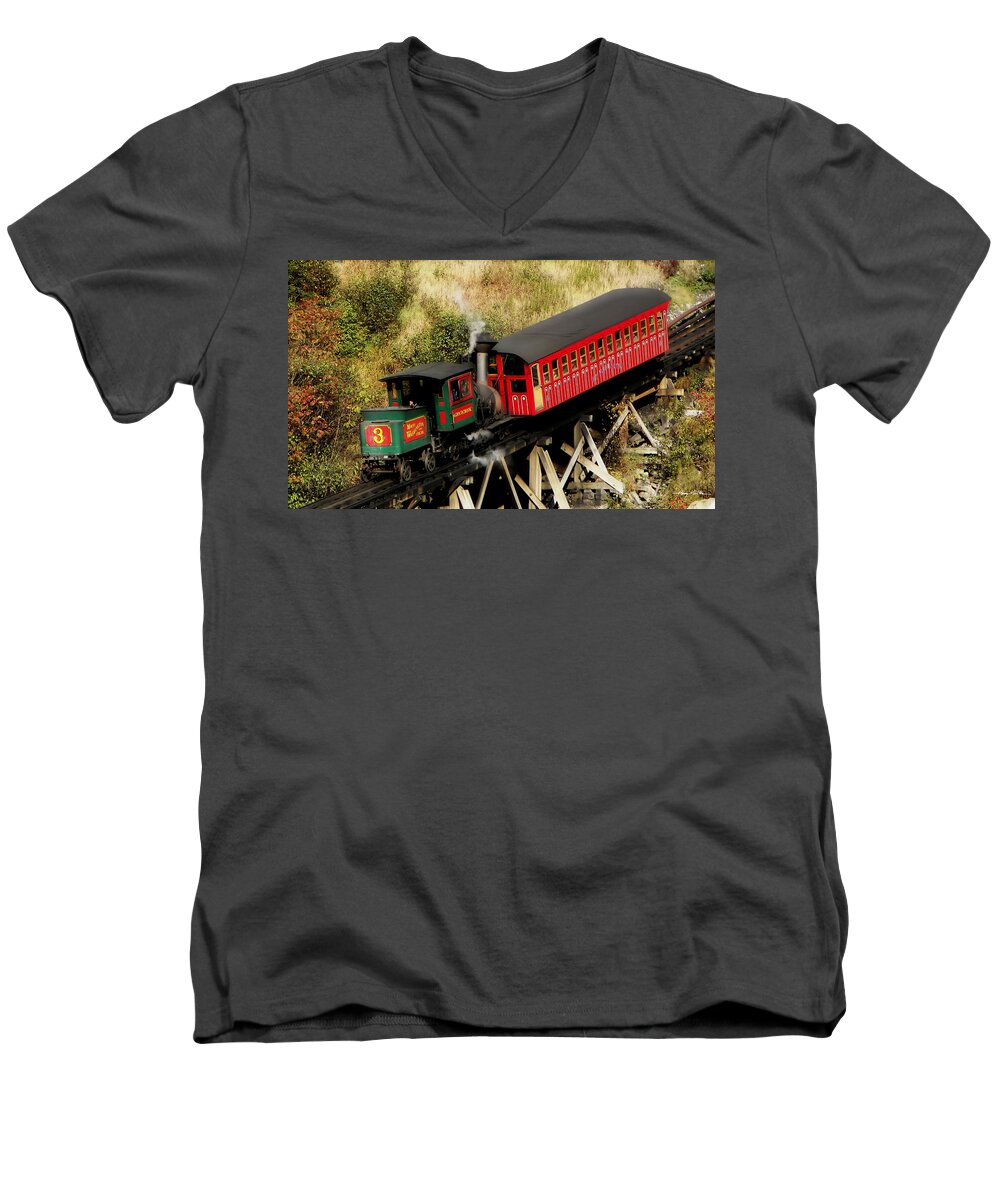 White Mountains Men's V-Neck T-Shirt featuring the photograph Cog Railway Vintage by Harry Moulton