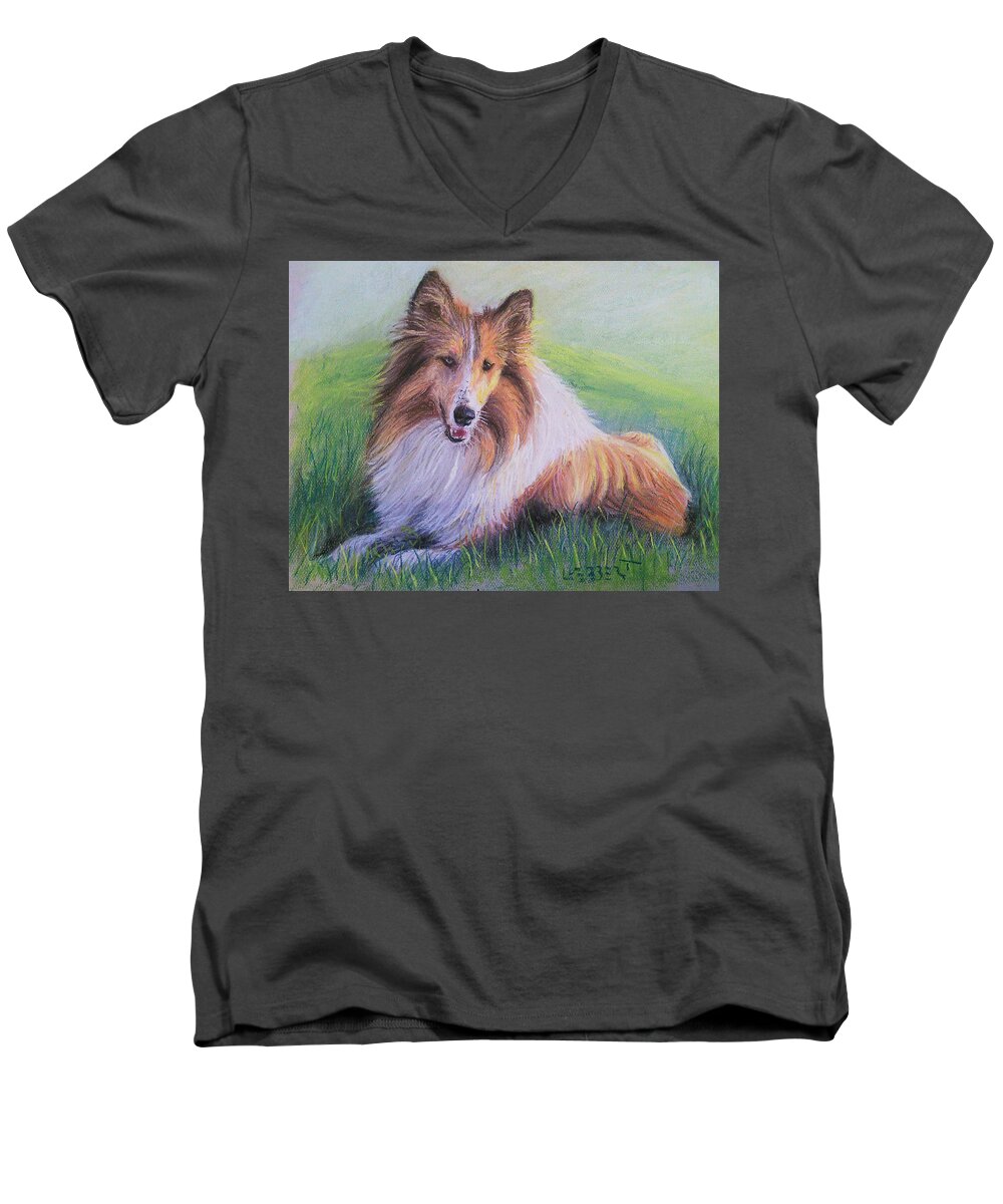 Collie Men's V-Neck T-Shirt featuring the painting Collie by David Luebbert