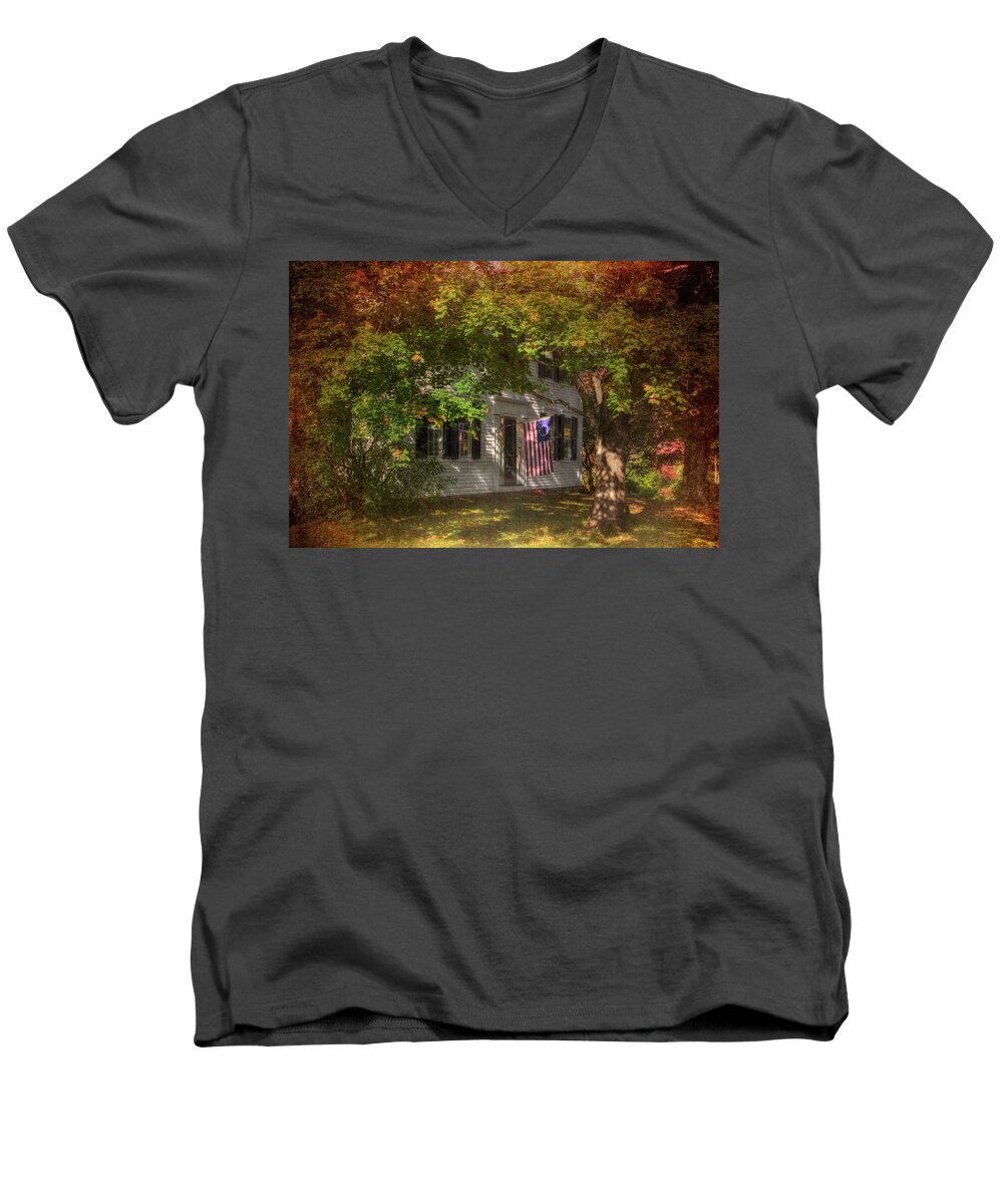 Colonial Home Men's V-Neck T-Shirt featuring the photograph Colonial Home with Flag in Autumn by Joann Vitali