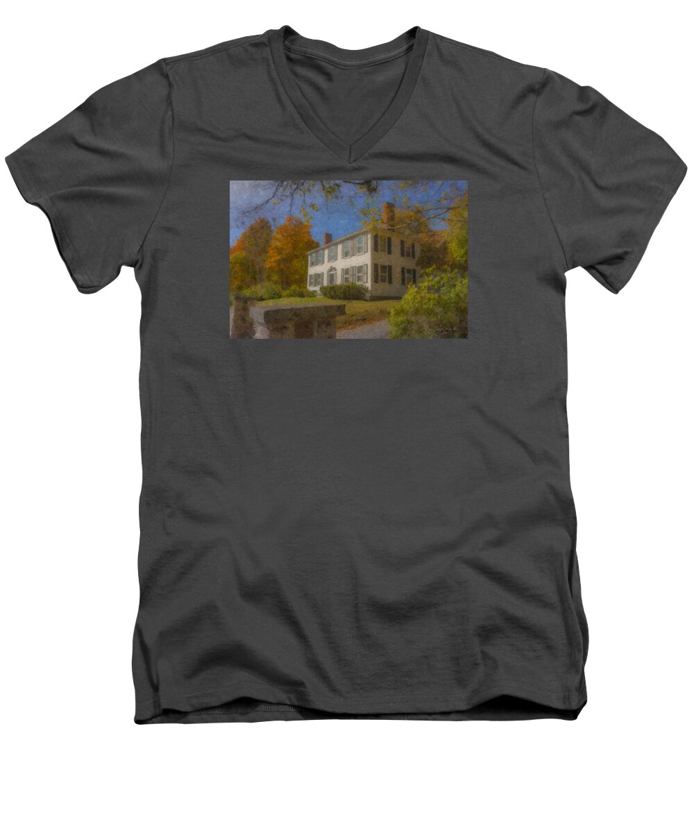 Colonial Men's V-Neck T-Shirt featuring the painting Colonial House on Main Street, Easton by Bill McEntee