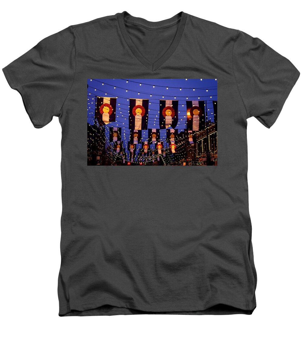 Denver Men's V-Neck T-Shirt featuring the photograph Colorado Flags on Larimer Square Denver by Teri Virbickis
