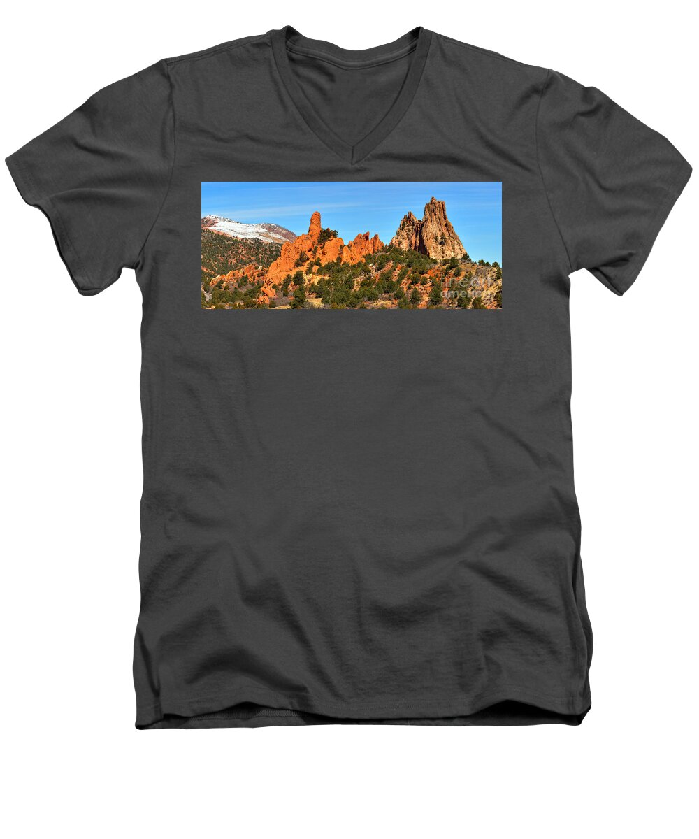 Garden Of The Gods High Point Men's V-Neck T-Shirt featuring the photograph Colorado Springs Garden Of The Gods High Point Panorama by Adam Jewell