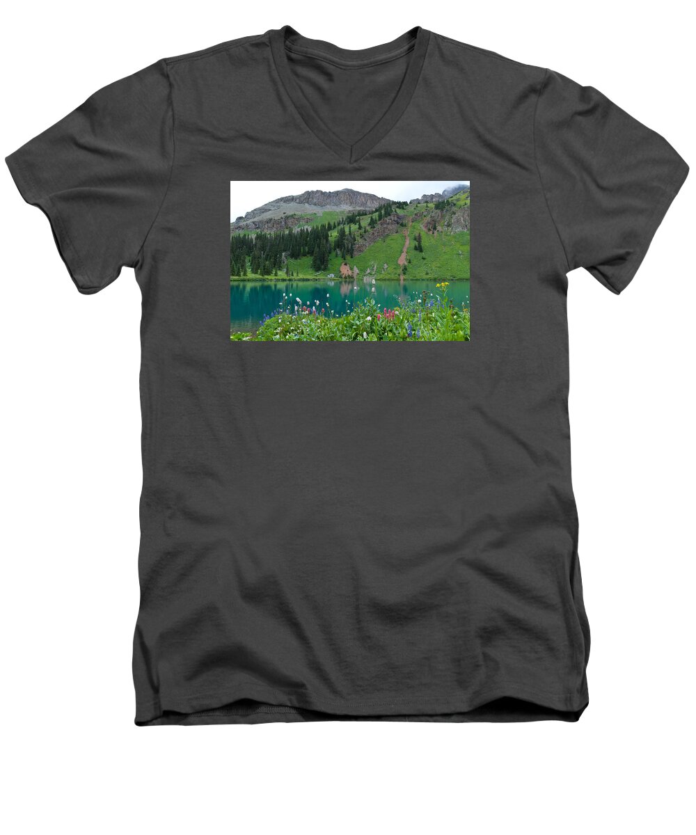 Blue Lake Men's V-Neck T-Shirt featuring the photograph Colorful Blue Lakes Landscape by Cascade Colors