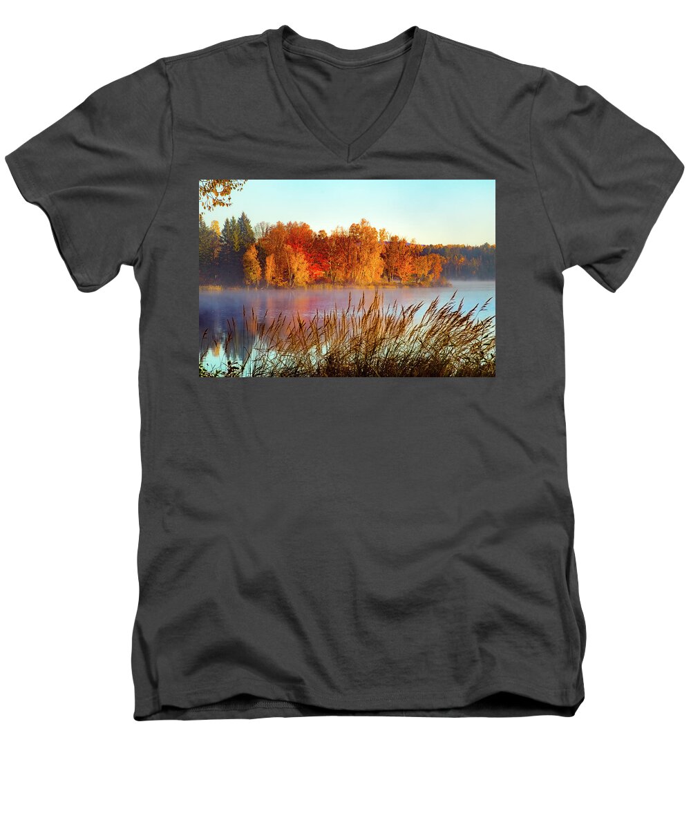 #jefffolger Men's V-Neck T-Shirt featuring the photograph Colorful dawn on Haley Pond by Jeff Folger