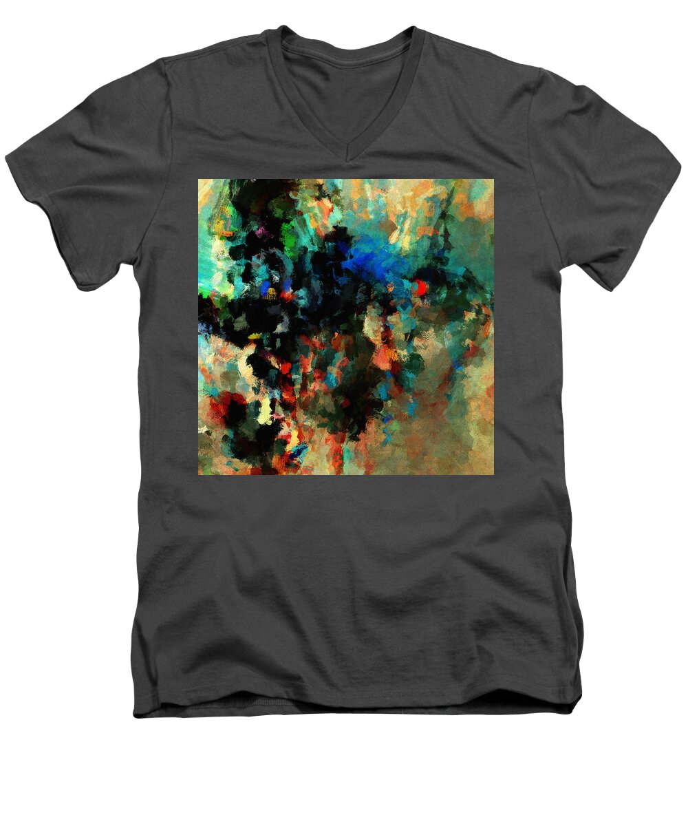 Abstract Men's V-Neck T-Shirt featuring the painting Colorful Landscape / Cityscape Abstract Painting by Inspirowl Design