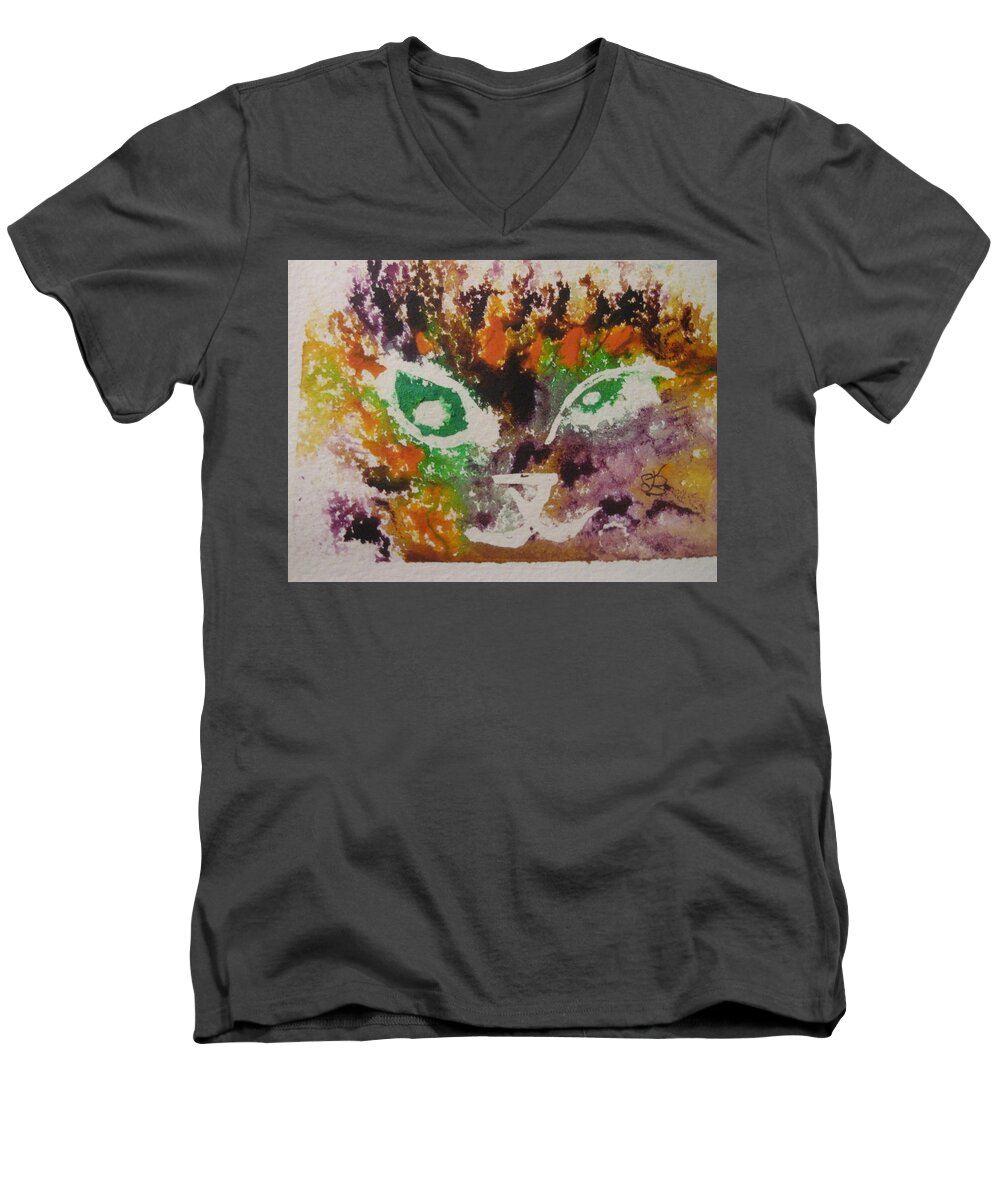 Orange Men's V-Neck T-Shirt featuring the drawing Colourful Cat Face by AJ Brown