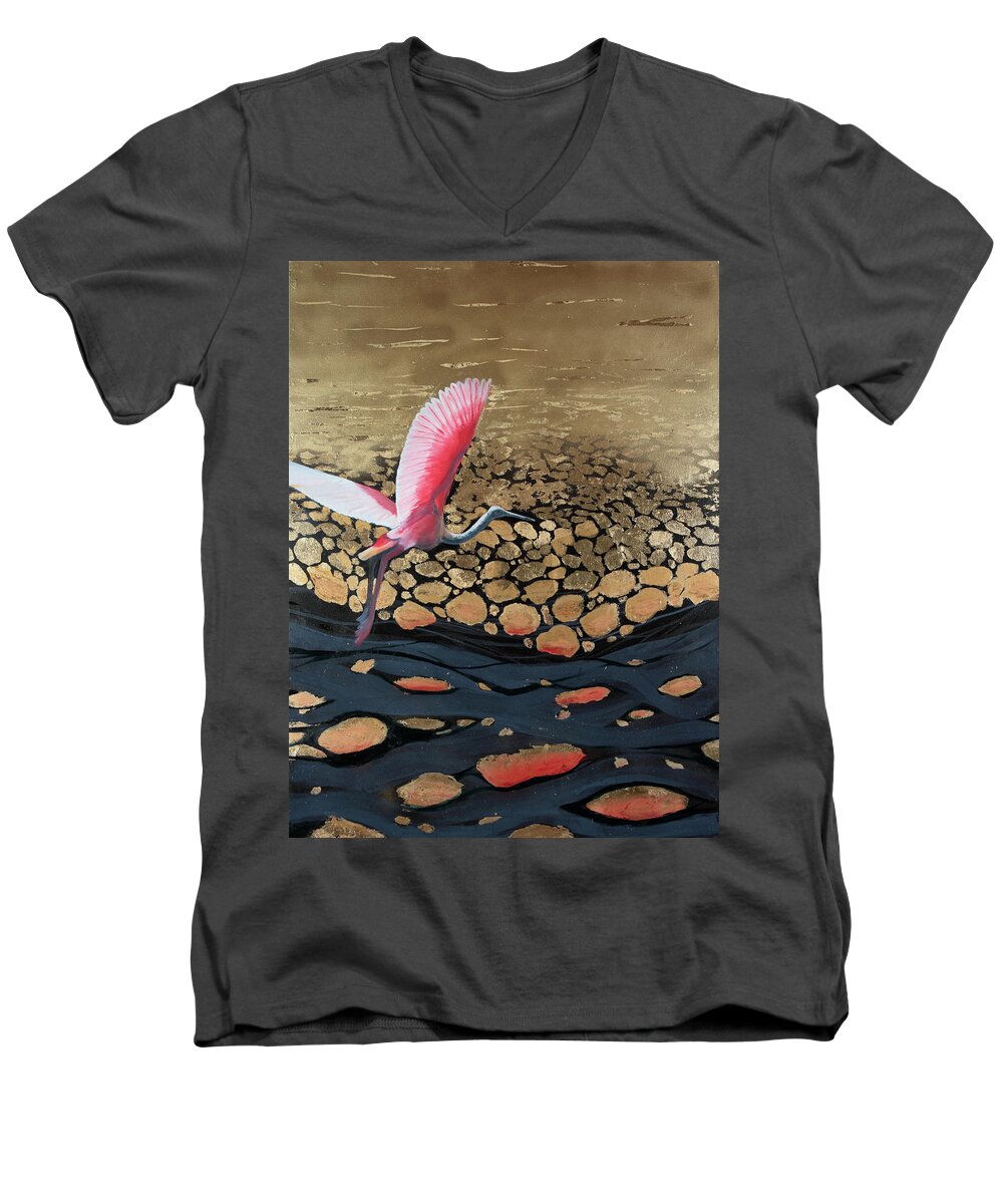 Gold Men's V-Neck T-Shirt featuring the painting Coming in for a Landing by Art Nomad Sandra Hansen