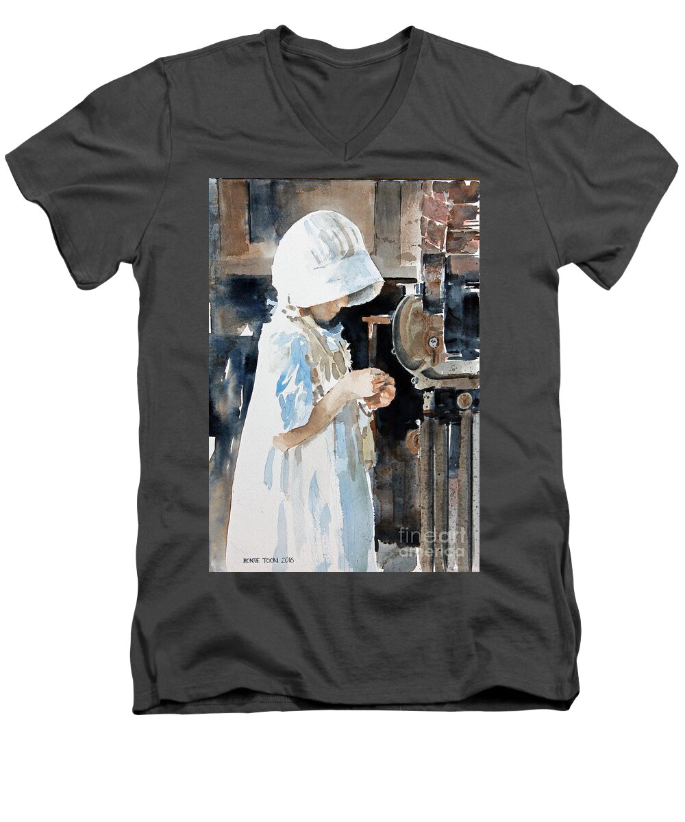 A Young Girl In An Apron And White Bonnet Examines Something She Has Found In A Blacksmith Shop In Calgary Men's V-Neck T-Shirt featuring the painting Concentration by Monte Toon