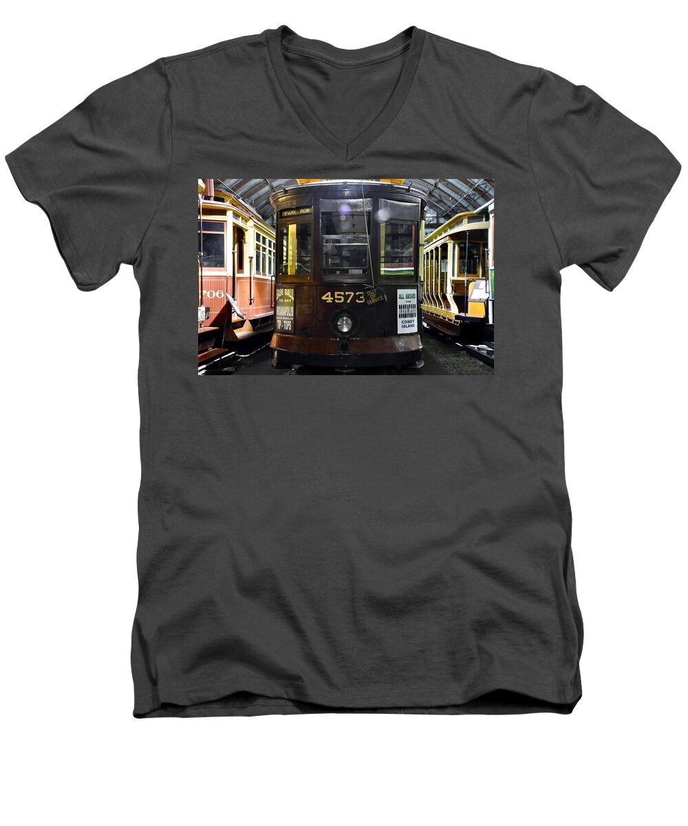 #trolley Men's V-Neck T-Shirt featuring the photograph Coney Island Trolley by Cornelia DeDona