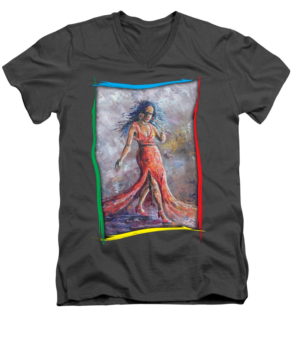 Woman Men's V-Neck T-Shirt featuring the painting Confident gait by Anthony Mwangi