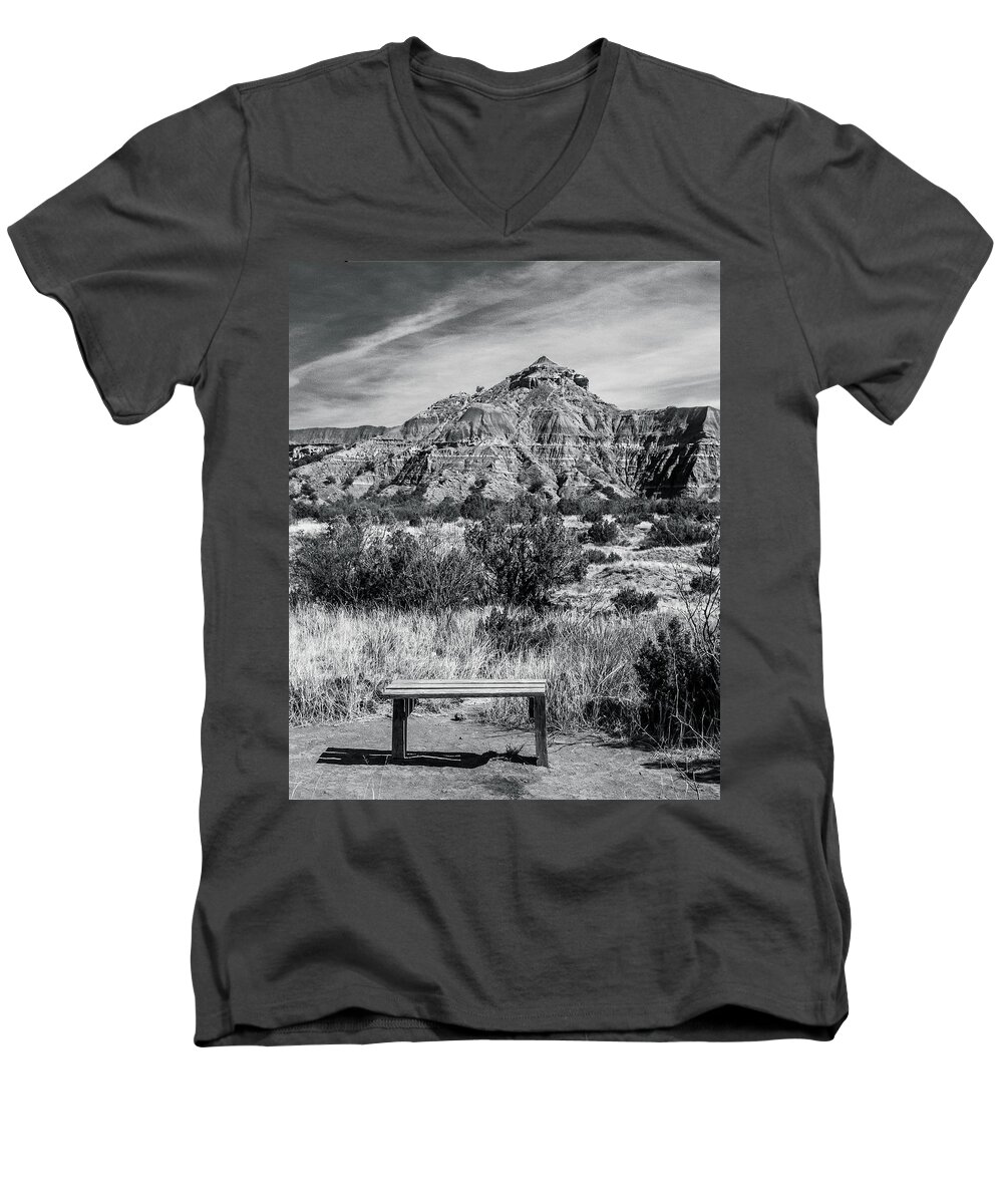 Bench Men's V-Neck T-Shirt featuring the photograph Contemplation bench BW by Adam Reinhart