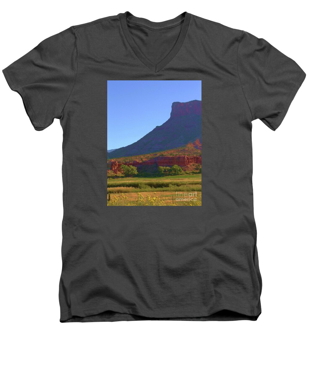 Red Sandstone Butte With Cool Shadows Deloros River Basin Colorado Men's V-Neck T-Shirt featuring the digital art Cool Shadows on Butte by Annie Gibbons