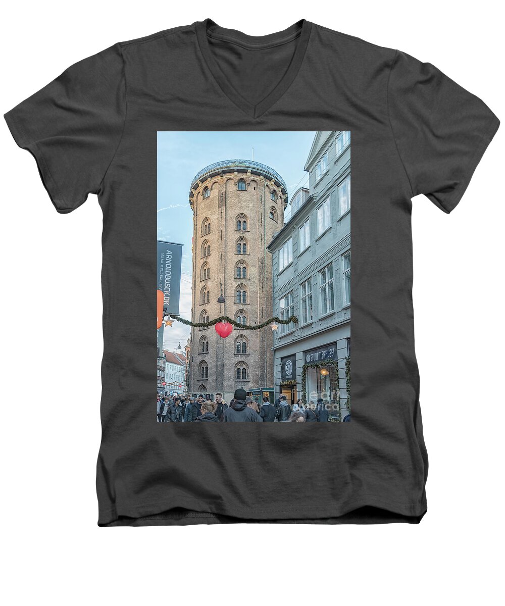 Denmark Men's V-Neck T-Shirt featuring the photograph Copenhagen Round Tower Street View by Antony McAulay