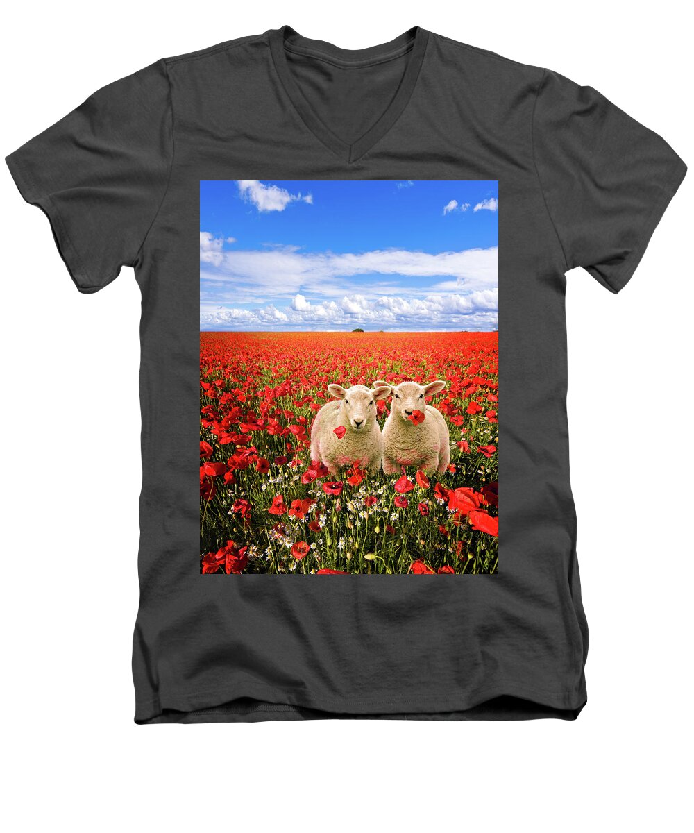 Landscape Men's V-Neck T-Shirt featuring the photograph Corn Poppies And Twin Lambs by Meirion Matthias