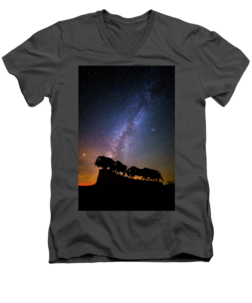 Caprock Canyons State Park Men's V-Neck T-Shirt featuring the photograph Cosmic Caprock Bison by Stephen Stookey