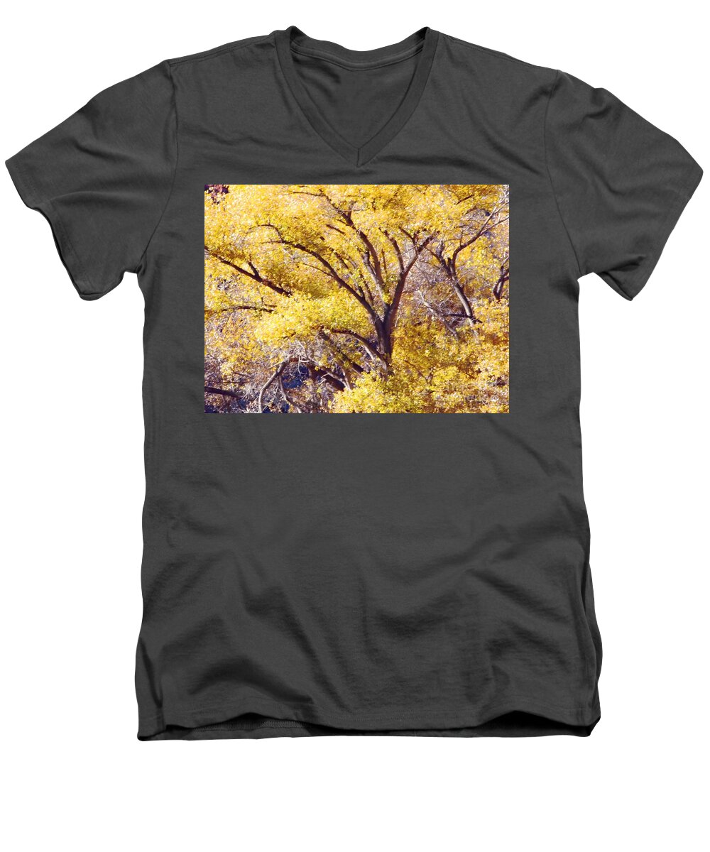 Yellow And Lavenders Close Up Of Trees And Leaves Men's V-Neck T-Shirt featuring the digital art Cottonwood golden leaves by Annie Gibbons