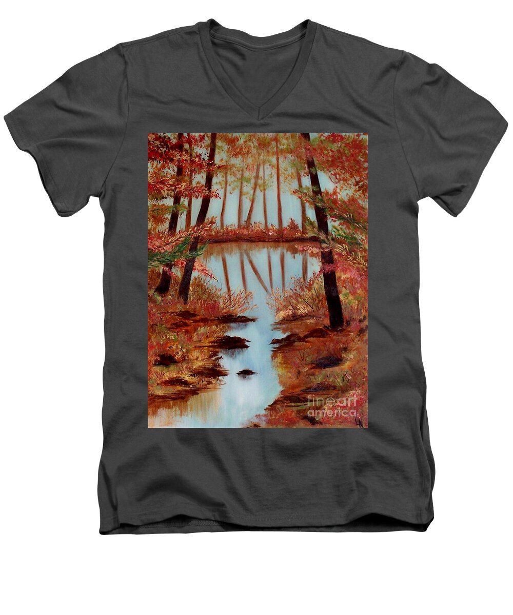 Fall Painting Men's V-Neck T-Shirt featuring the painting Country Reflections by Leslie Allen