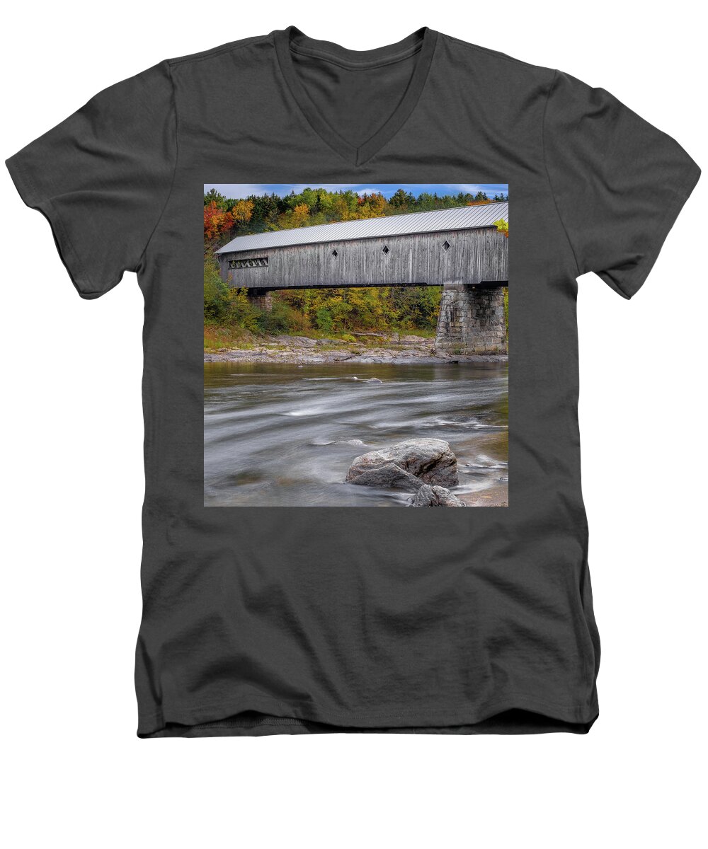 Covered Bridges In Vermont Men's V-Neck T-Shirt featuring the photograph Covered Bridge In Vermont with Fall Foliage by Robert Bellomy