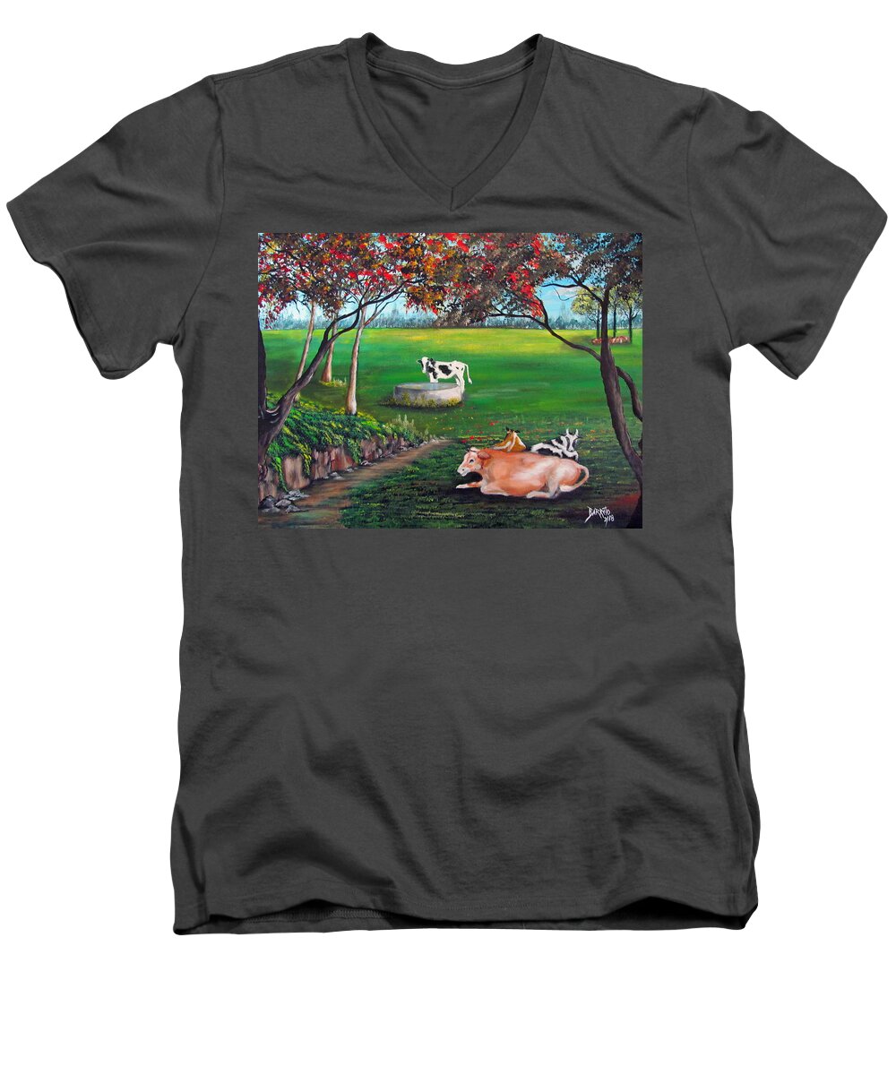 Cows Men's V-Neck T-Shirt featuring the painting Cow Tales by Gloria E Barreto-Rodriguez