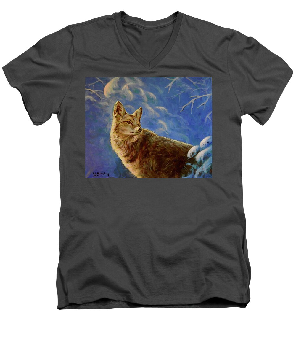 Animal Men's V-Neck T-Shirt featuring the painting Coyote by Ed Breeding
