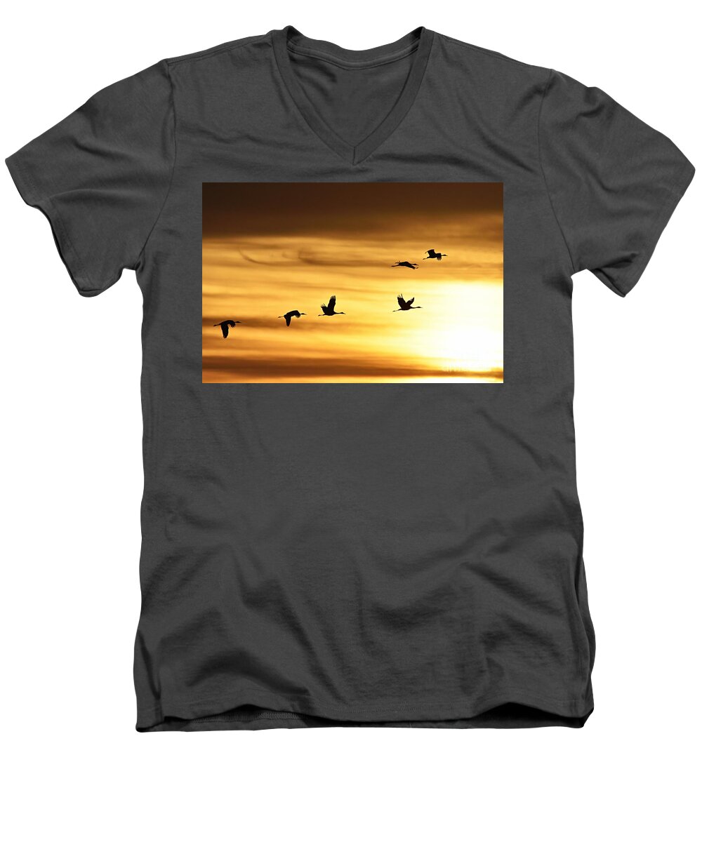 Photography Men's V-Neck T-Shirt featuring the photograph Cranes at Sunrise 2 by Larry Ricker