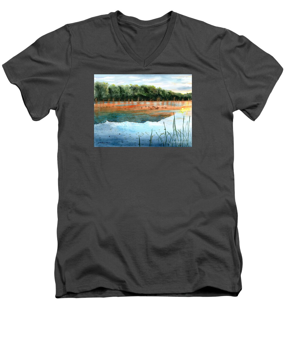 Lakes Men's V-Neck T-Shirt featuring the painting Crawford Lake Morning by LeAnne Sowa