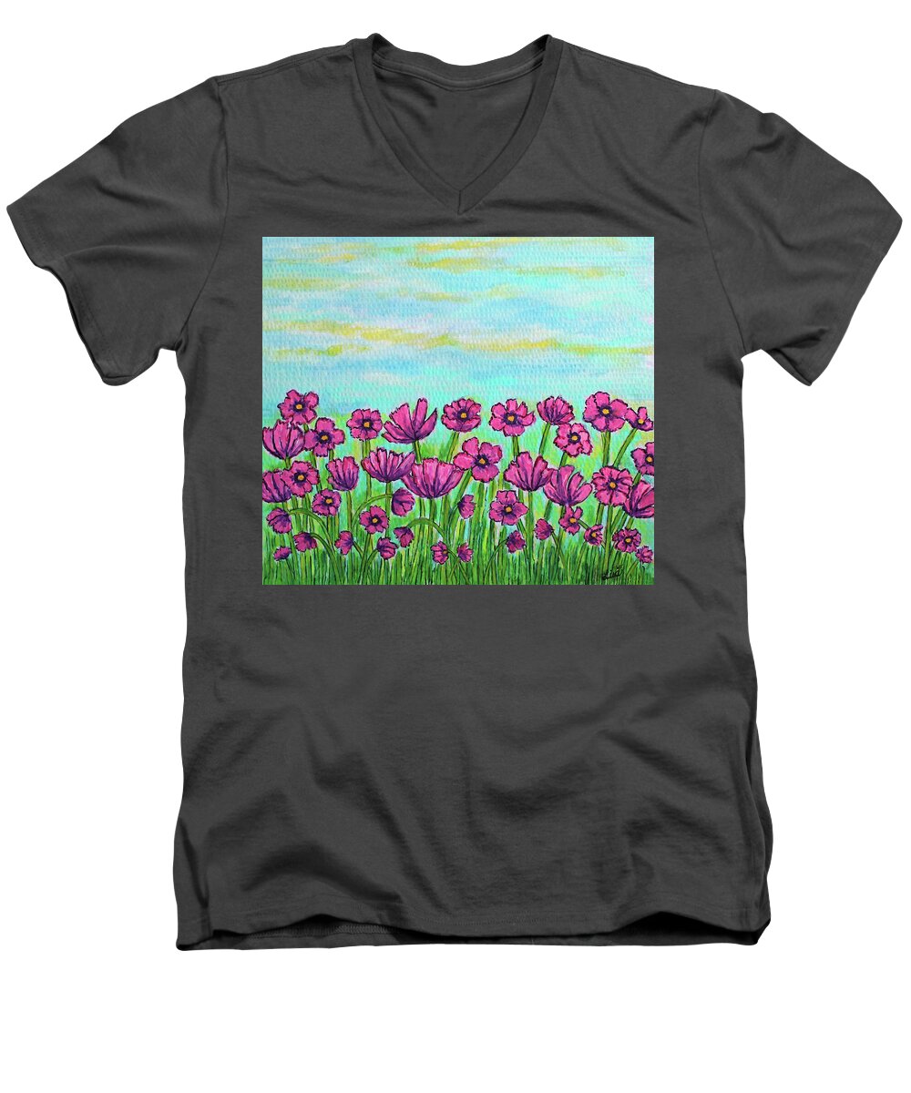 Cosmos Men's V-Neck T-Shirt featuring the painting Crazy for Cosmos by Lisa Lorenz