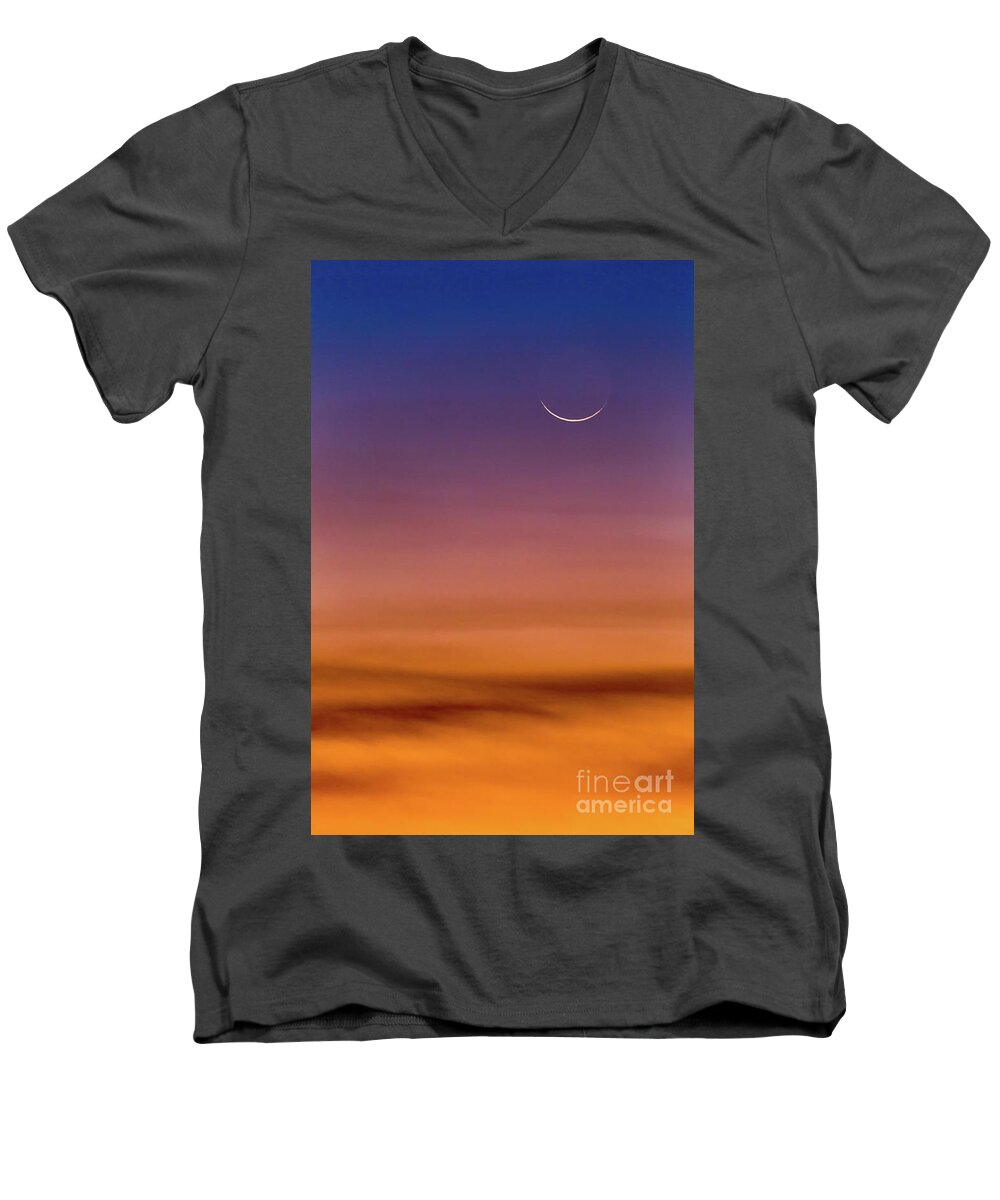 Cresent Moon Men's V-Neck T-Shirt featuring the photograph Cresent Moonrise by Doug Sturgess