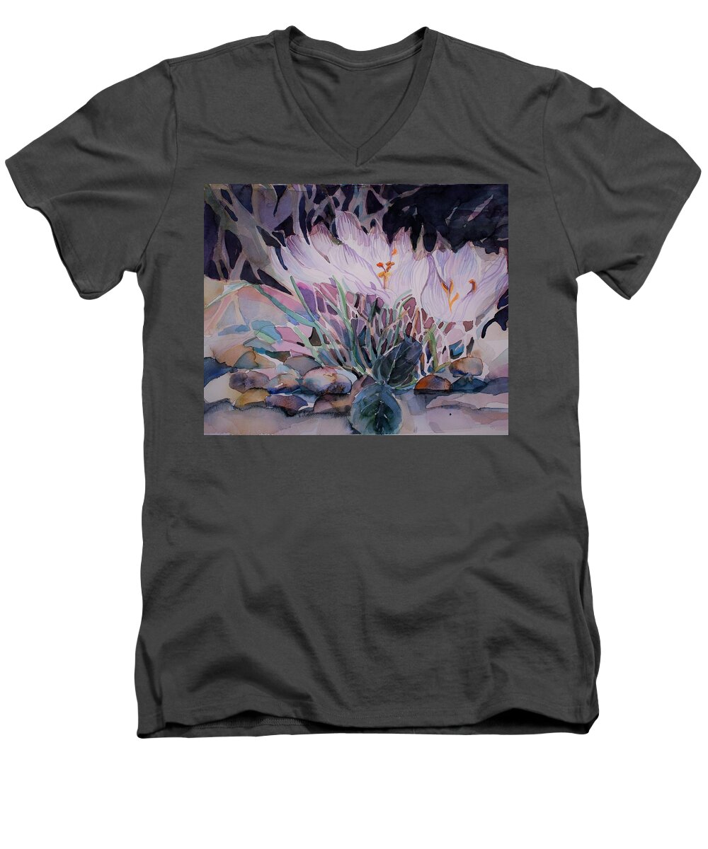 Crocuses Men's V-Neck T-Shirt featuring the painting Crocuses by Mindy Newman